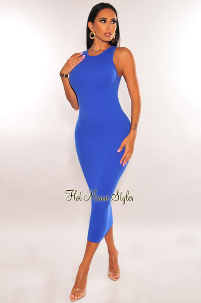 Royal Blue Ribbed Seamless Sleeveless Midi Dress - Hot Miami Styles
