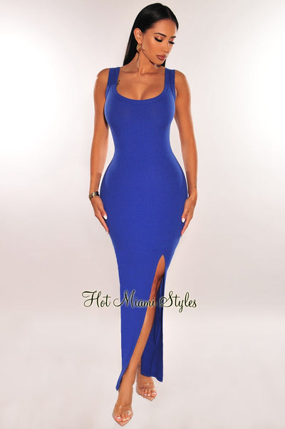 Royal Blue Ribbed Sleeveless Round Neck Slit Maxi Dress - Hot Miami Styles