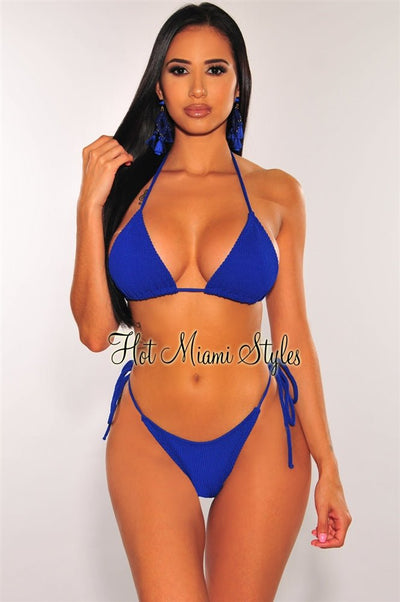 Royal Blue Ribbed Triangle Adjustable Thong Bikini Bottom - Hot Miami Styles