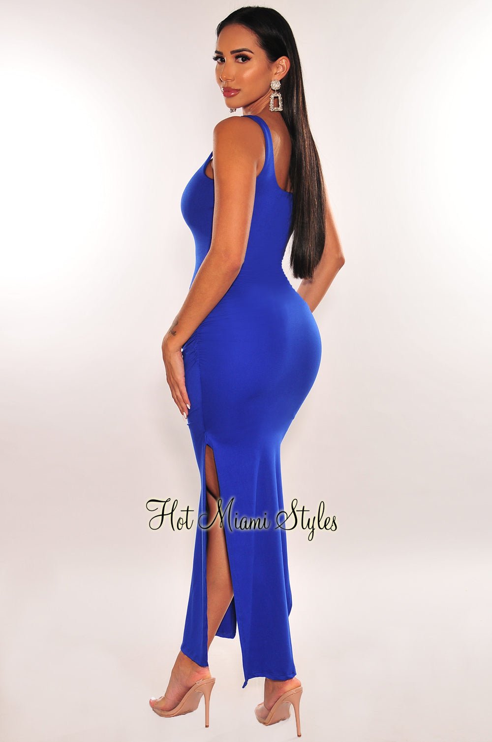 Royal Blue Ruched Sides Slit Maxi Dress – Hot Miami Styles