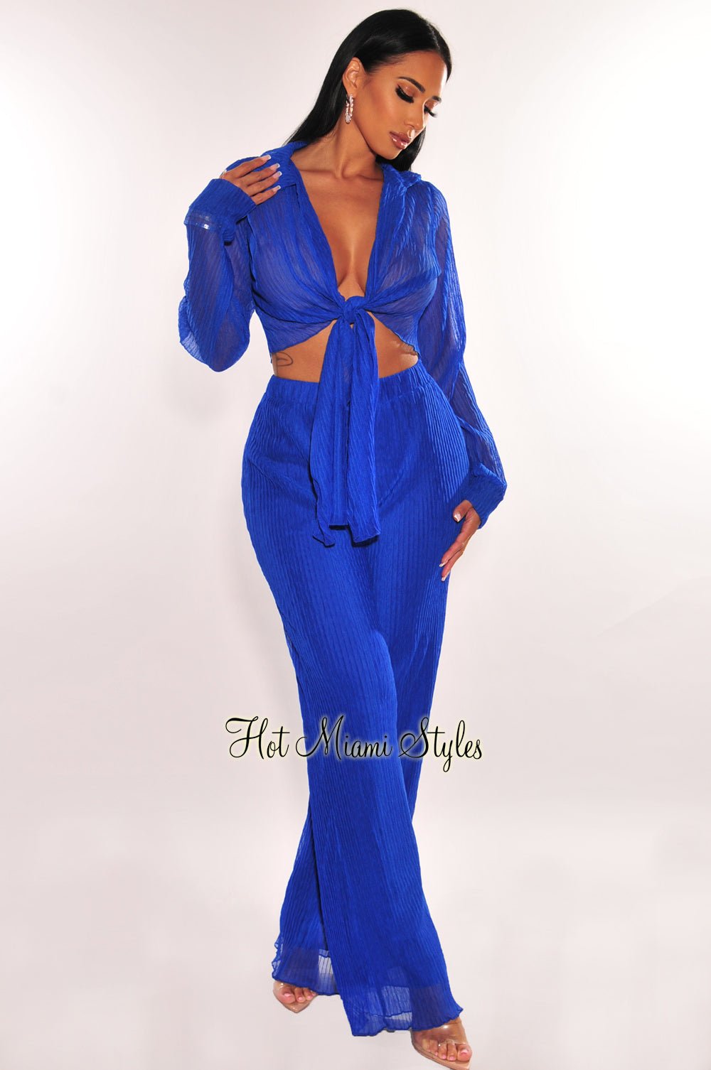 Royal Blue Sheer Pleated Collared Tie Up Palazzo Pants Two Piece Set