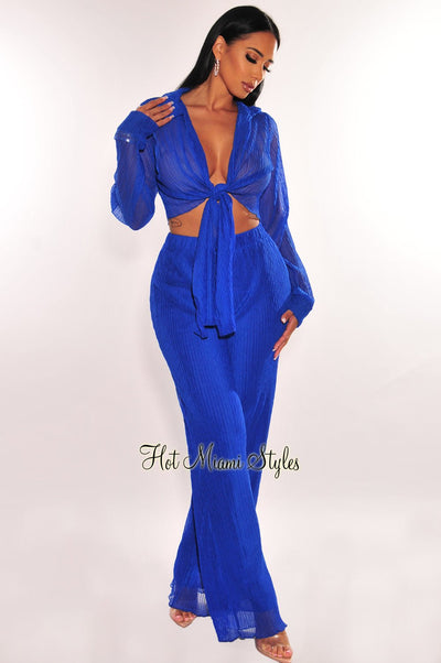 Royal Blue Sheer Pleated Collared Tie Up Palazzo Pants Two Piece Set - Hot Miami Styles