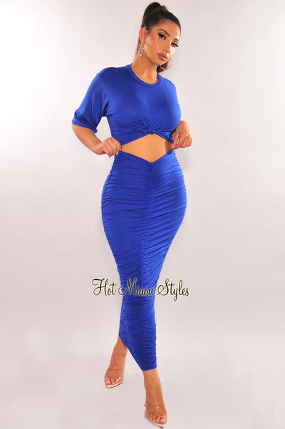 Royal Blue Short Sleeve Cut Out Ruched Maxi Dress - Hot Miami Styles