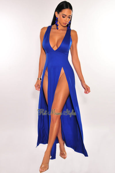 Royal Blue Sleeveless V Neck Double Slit Cover Up Maxi Dress - Hot Miami Styles