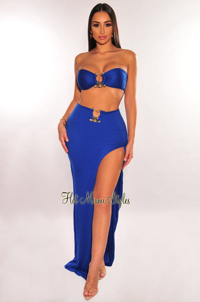 Royal Blue Strapless Tie Up Gold Ring Slit Skirt Two Piece Set - Hot Miami Styles