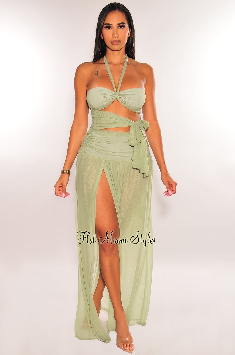☆送料・関税込☆PARTIMENTO★CUT-OFF BELDTED LAYERED DRESS★ Sage Mesh Halter Cut Out Tie Up Slit Maxi Dress – Hot Miami
