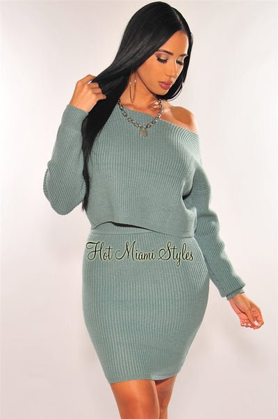 Sage Ribbed Knit Sweater High Waist Skirt Two Piece Set - Hot Miami Styles