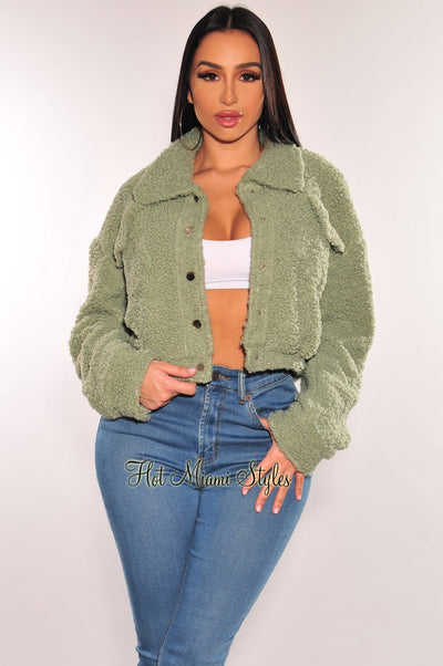 Sage Teddy Collared Long Sleeve Cropped Jacket - Hot Miami Styles
