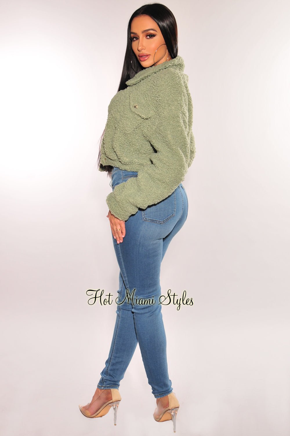 Sage Teddy Collared Long Sleeve Cropped Jacket - Hot Miami Styles