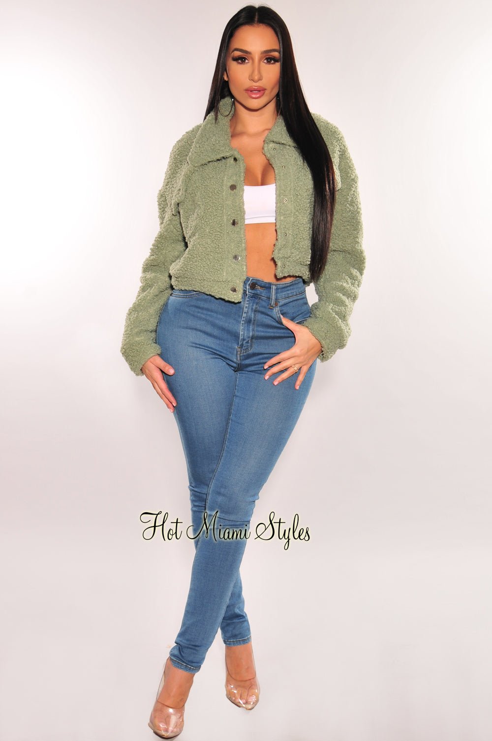 Sage Teddy Collared Long Sleeve Cropped Jacket - Hot Miami Styles