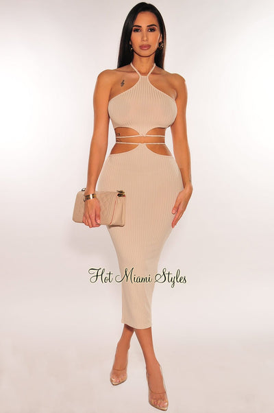 Taupe Metallic Ribbed Knit Halter Skirt Two Piece Set – Hot Miami