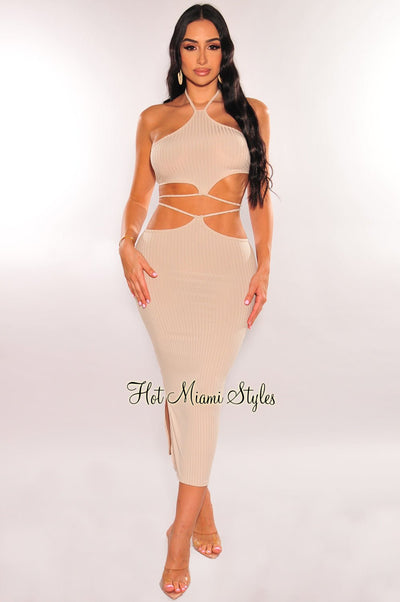 Sand Ribbed Halter Cut Out Tie Up Skirt Two Piece Set - Hot Miami Styles