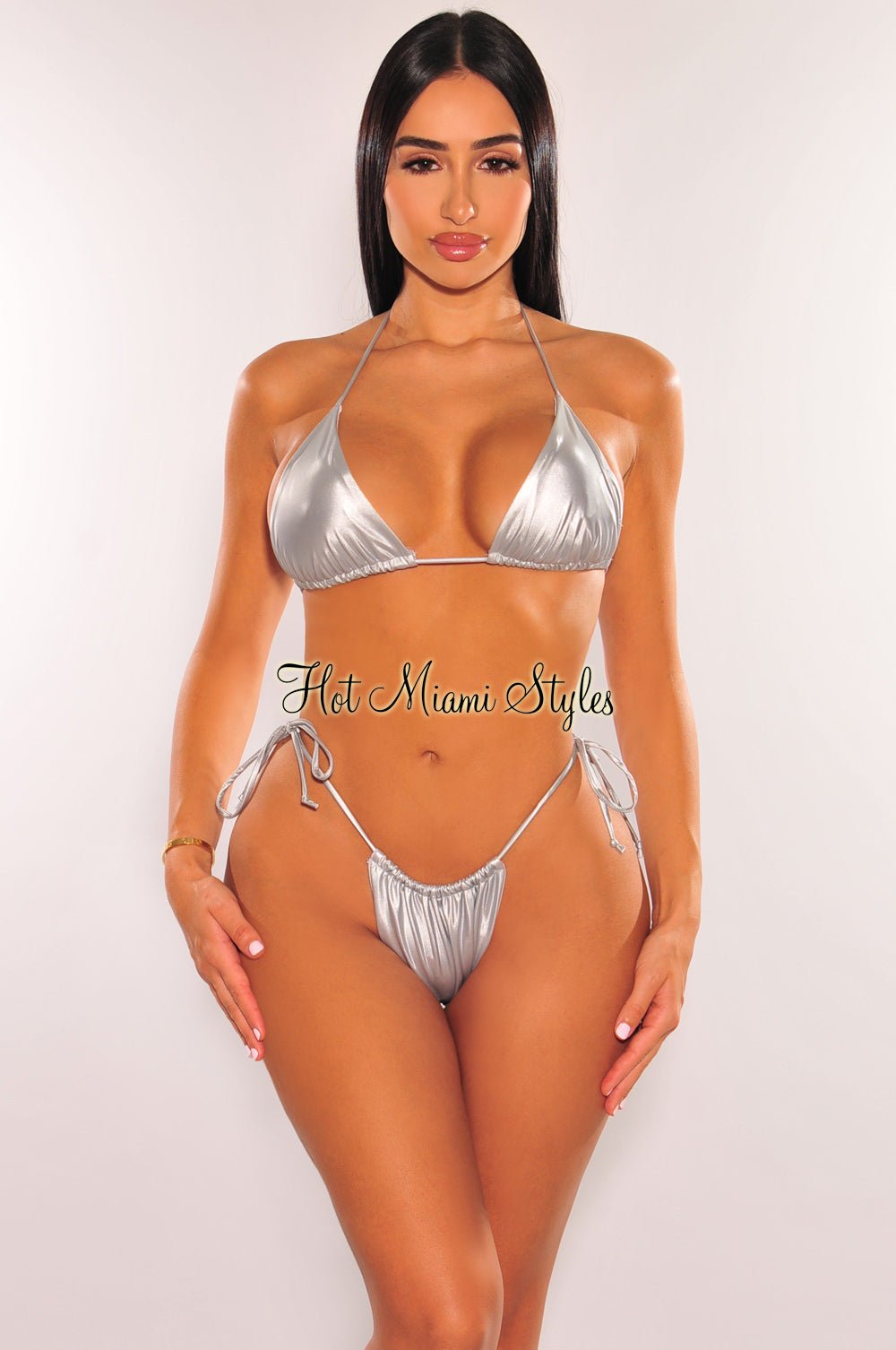 Silver Chrome Halter Tie Up Sides Thong Bikini Top