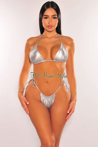 Silver Chrome Halter Tie Up Sides Thong Bikini Top - Hot Miami Styles