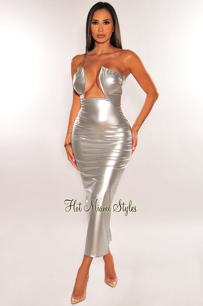 Silver Chrome Metallic Bustier Wired Cut Out Strapless Dress - Hot Miami Styles