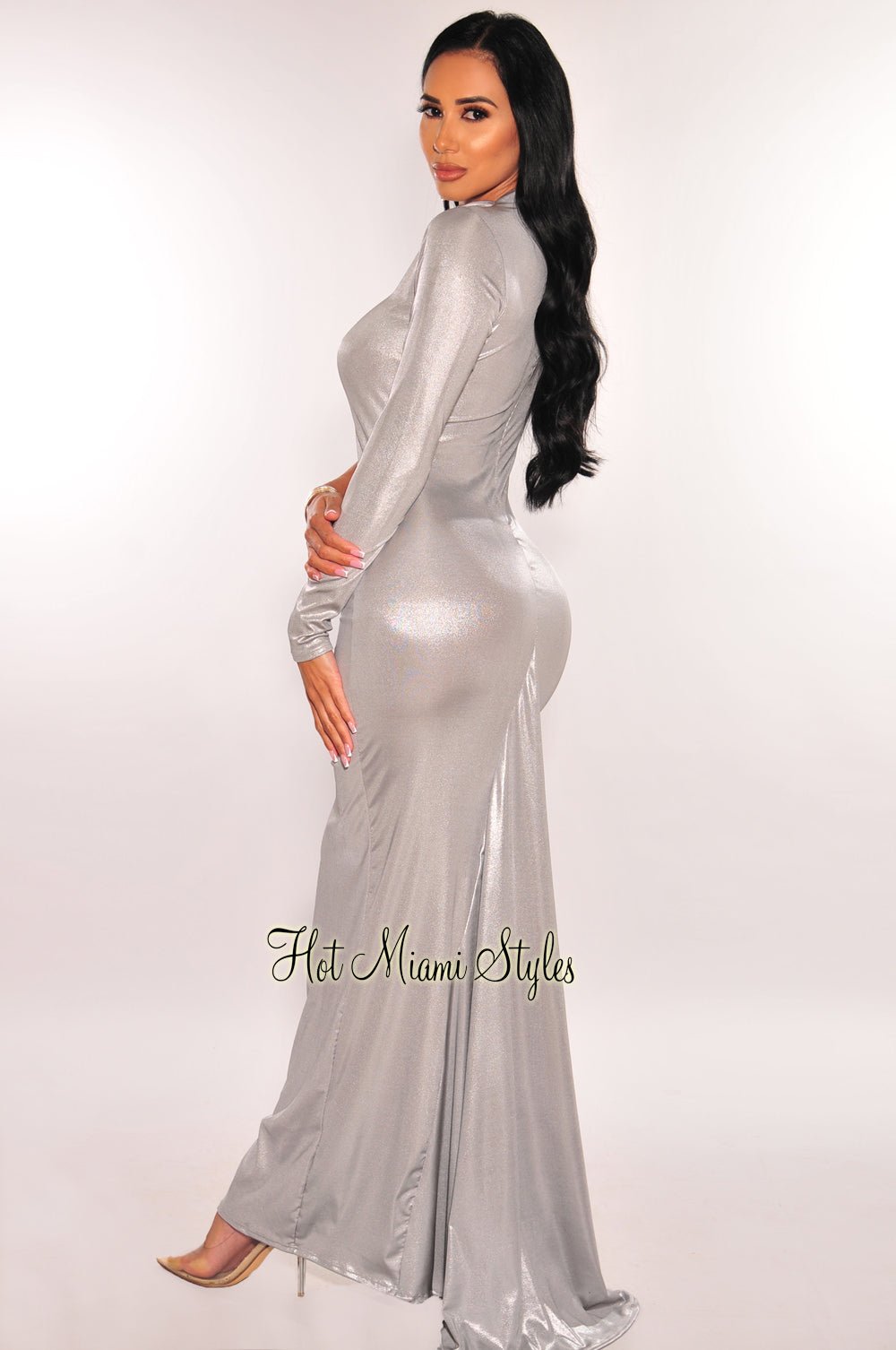 Silver Chrome Metallic Latex Mock Neck One Sleeve Cut Out Train Gown Small Silver Chrome Metallic Latex Mock Neck One Sleeve Cut Out Train Gown Small
