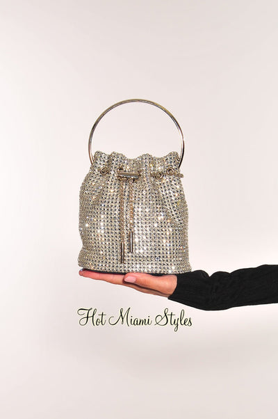 Silver Denim Rhinestone Bucket Bag - Hot Miami Styles