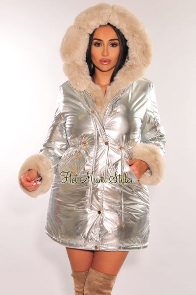Silver Metallic Faux Fur Hooded Long Sleeve Puffer Coat Jacket - Hot Miami Styles