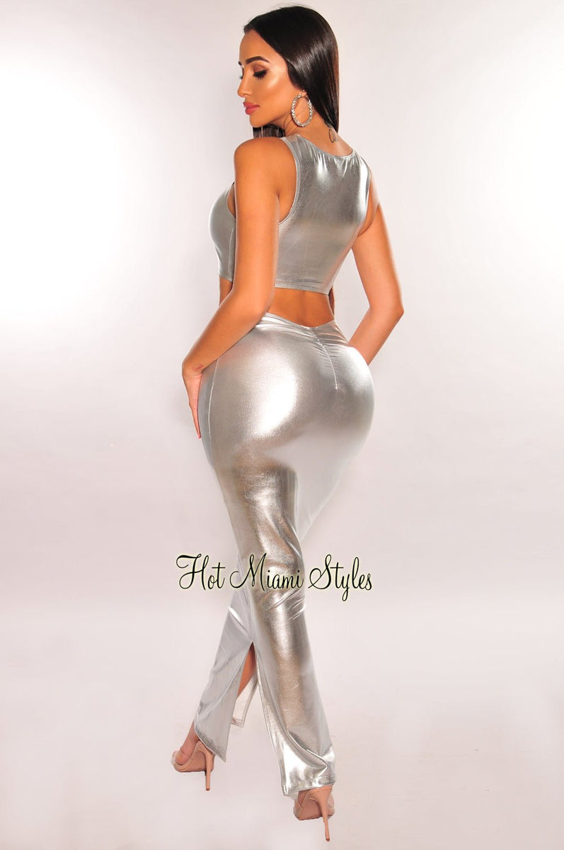 Silver Metallic Ruched Sleeveless Double Slit Skirt Two Piece Set Hot Miami Styles 0258