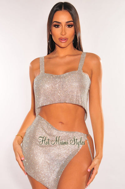 Silver Rhinestone Mesh Chain Crop Top - Hot Miami Styles
