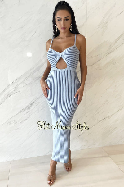Sky Blue Ribbed Knit Spaghetti Strap Knotted Cut Out Double Slit Dress - Hot Miami Styles