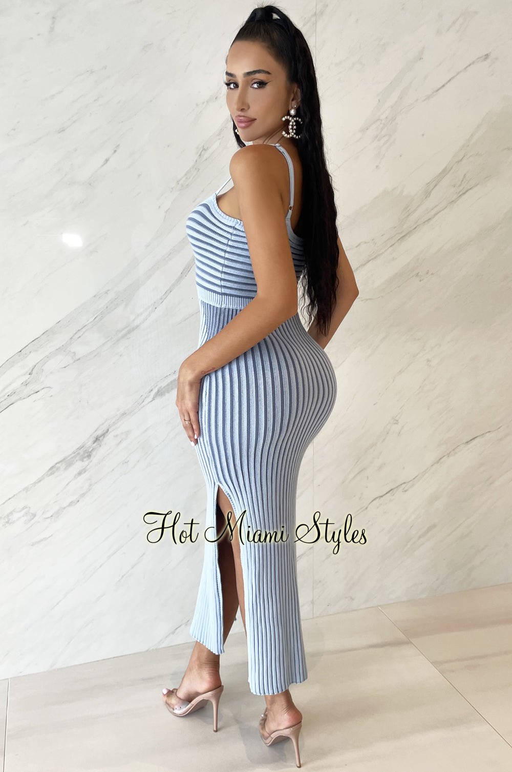Sky Blue Ribbed Knit Spaghetti Strap Knotted Cut Out Double Slit Dress Small