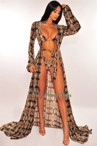 Snake Print Long Sleeves Belted Maxi Cover Up - Hot Miami Styles