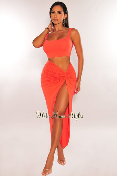 Tangerine Double Lined Tank Knotted Slit Maxi Skirt Two Piece Set - Hot Miami Styles