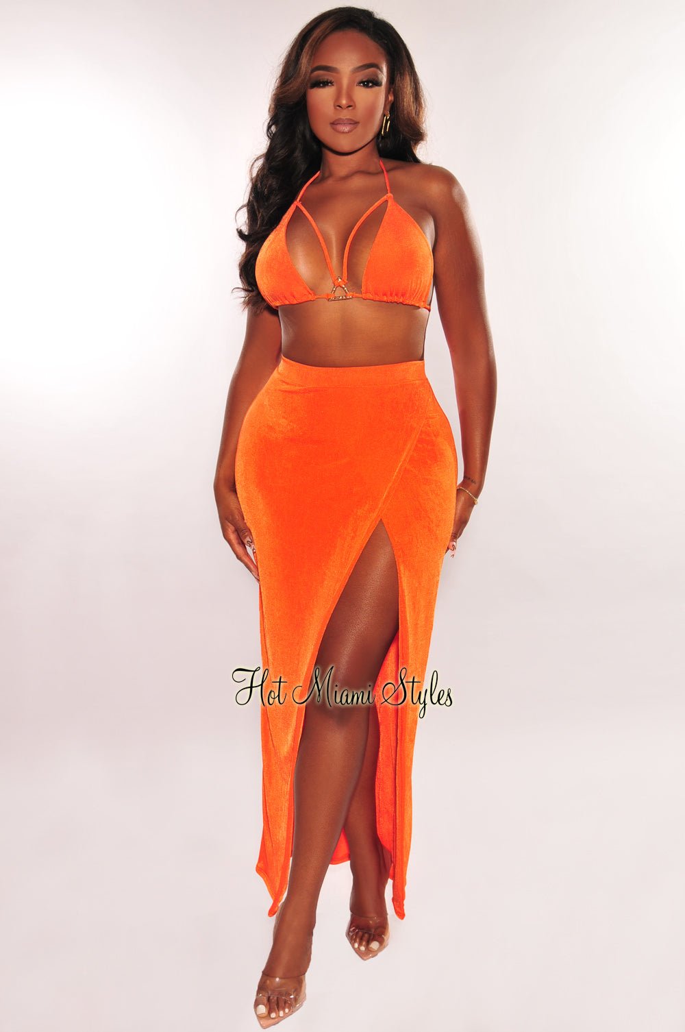 Tangerine Gold Ring Triangle Top Slit Skirt Two Piece Set - Hot