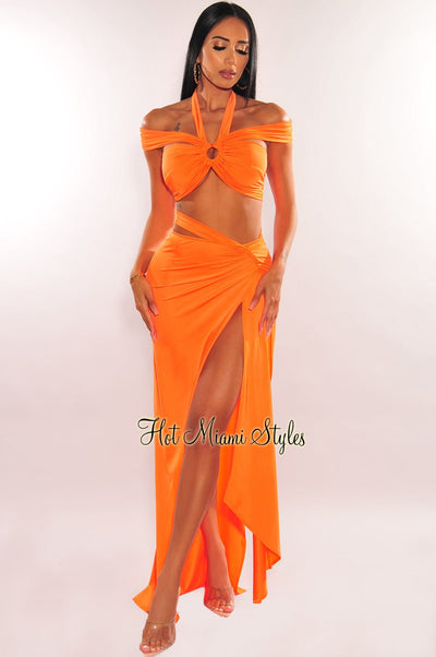 Tangerine Halter Off Shoulder O-Ring Strap Slit Skirt Two Piece Set - Hot Miami Styles