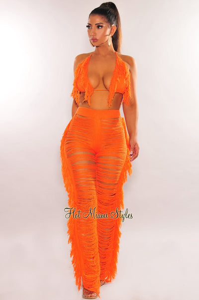 Tangerine Knit Halter Triangle Top Fringe Ladder Cut Pants Two Piece Set - Hot Miami Styles
