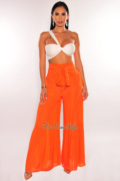Tangerine Linen High Waist Tie Up Palazzo Pants - Hot Miami Styles
