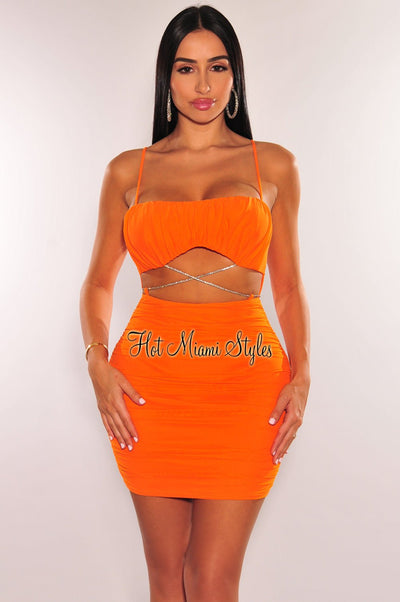 Tangerine Mesh Padded Spaghetti Strap Ruched Cut Out Wrap Around Rhinestone Dress - Hot Miami Styles