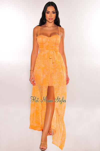 Tangerine Palm Print Belted Boned Bustier Padded Maxi Dress - Hot Miami Styles