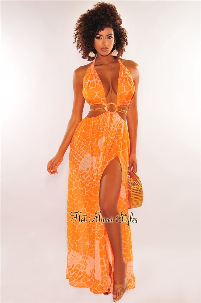 Tangerine Print O-Ring Cut Out Gold Belted Double Slit Maxi