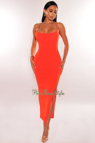 Tangerine Ribbed Gold Chain Spaghetti Strap Slit Dress - Hot Miami Styles