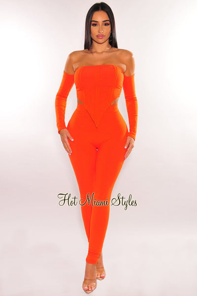 Tangerine Ribbed Hanky Hem Off Shoulder High Waist Pants Two Piece Set - Hot Miami Styles