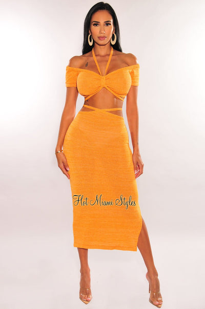 Tangerine Ribbed Knit Halter Off Shoulder Wrap Around Slit Skirt Two Piece Set - Hot Miami Styles