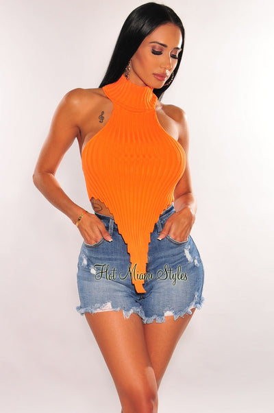 Tangerine Ribbed Knit Turtleneck Asymmetrical Hem Crop Top - Hot Miami Styles