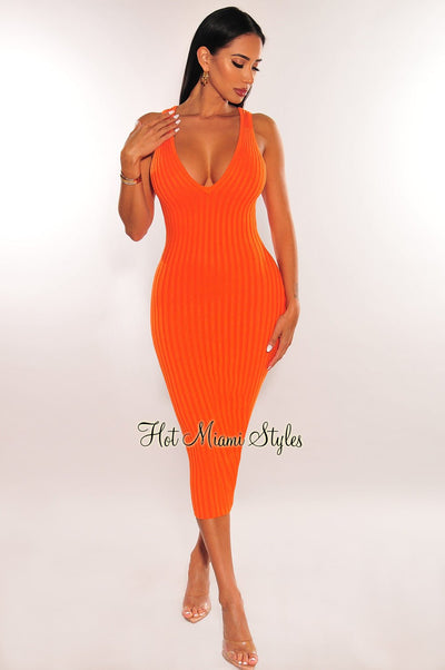 Tangerine Ribbed Knit V Neck Sleeveless Dress - Hot Miami Styles