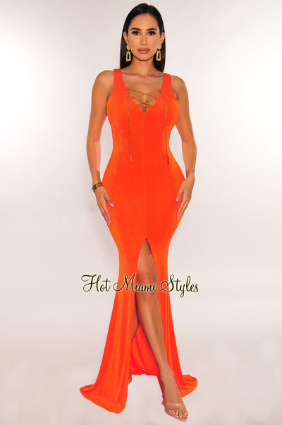 Tangerine Ribbed Sleeveless Gold Chain Lace Up Slit Gown - Hot Miami Styles