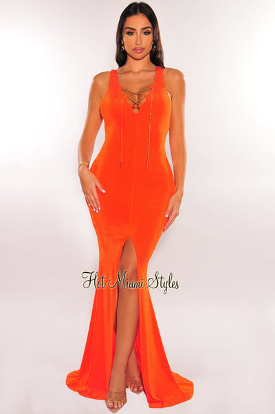 Tangerine Ribbed Sleeveless Gold Chain Lace Up Slit Gown - Hot Miami Styles