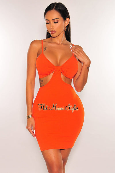 Tangerine Ribbed Spaghetti Straps Knotted Cut Out Mini Dress - Hot Miami Styles