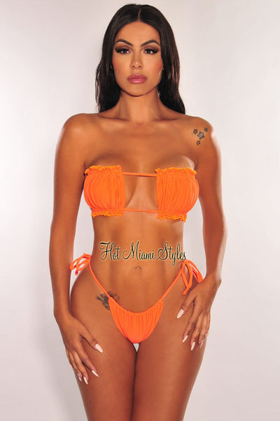 Tangerine Ruched Bust Frill Padded Bandeau Bikini - Hot Miami Styles