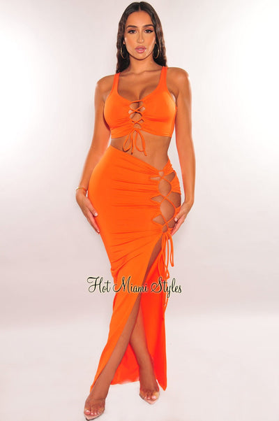 Tangerine Sleeveless Lace Up Slit Skirt Two Piece Set - Hot Miami Styles