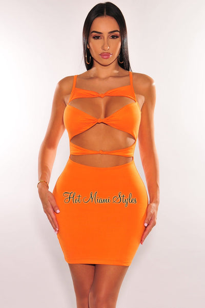 Tangerine Spaghetti Straps Knotted Cut Out Mini Dress - Hot Miami Styles