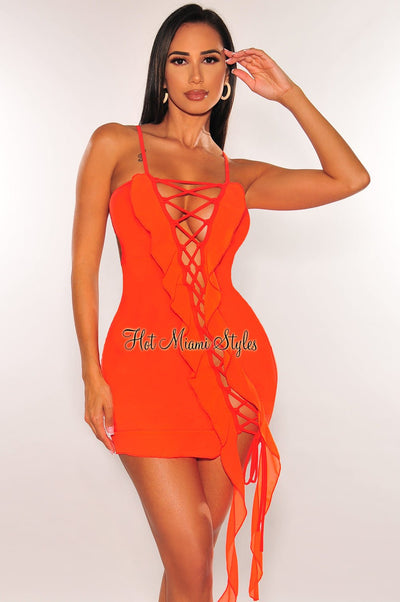 Tangerine Spaghetti Straps Lace Up Ruffle Strappy Back Mini Dress - Hot Miami Styles