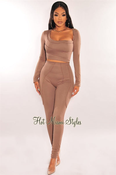 Taupe Asymmetrical Long Sleeve Pants Two Piece Set - Hot Miami Styles
