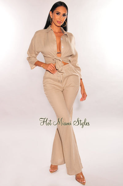 Taupe Linen Collared Button Up ¾ Sleeves Palazzo Pants Two Piece Set - Hot Miami Styles