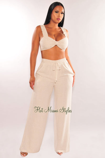 Taupe Linen Knotted Palazzo Pant Two Piece Set - Hot Miami Styles
